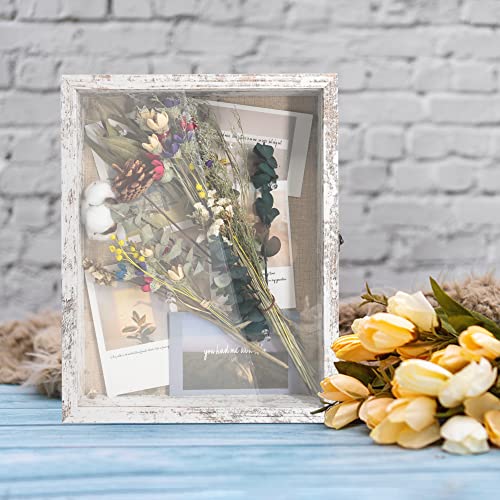 11x14 Wood Shadow Box Display Case with Linen Back and Pins, Rustic White