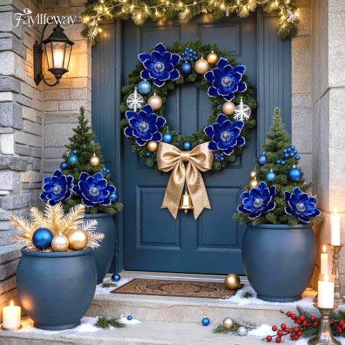 Blue 8PCS Large Christmas Magnolia Flower Decorations for Tree & Wreath