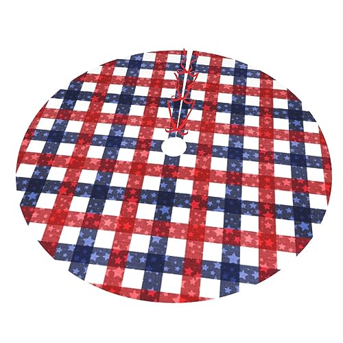 LUMANSITTER 36" July 4th Patriotic Flag Plaid Christmas Tree Skirt — Red/White/Blue, Faux Frosted Fabric