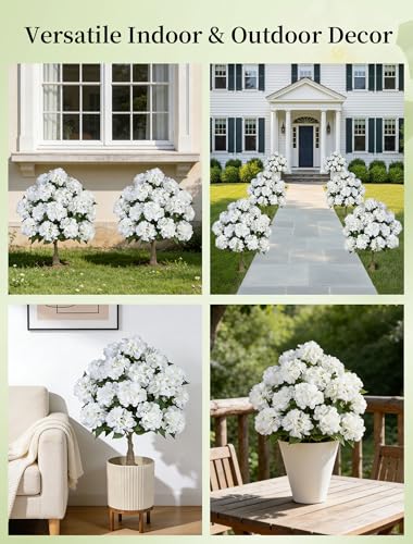 33-Inch Artificial Hydrangea Topiary Ball Trees for Porch, 2-Pack