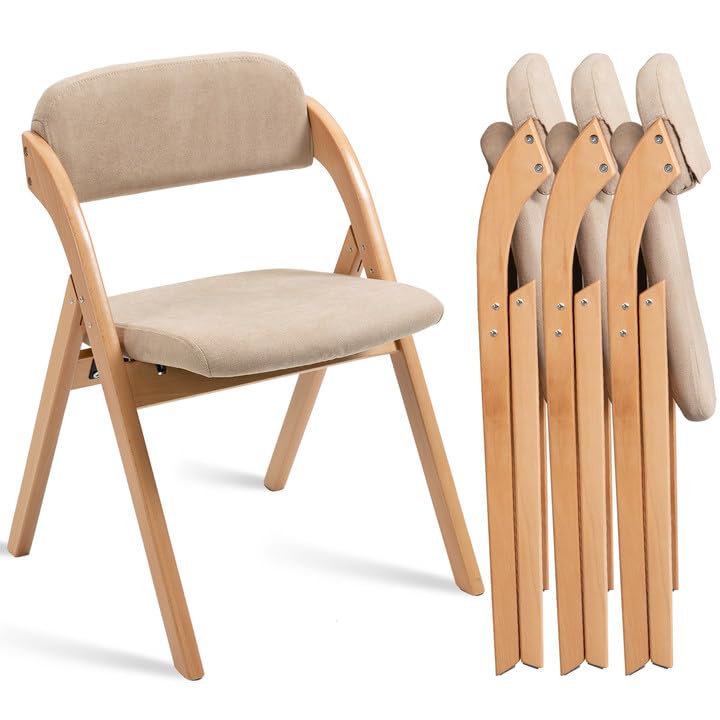 Wooden Folding Chairs with Padded Cushion, 4-Pack - Khaki