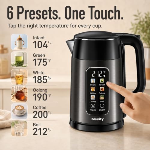 Mecity 1.7L Electric Kettle Touch Screen Temp Control No Plastic Water Boiler Grey & Black