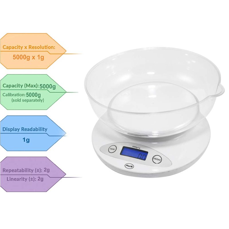 American Weigh Scales Digital Kitchen Bowl Scale, Backlit LCD Display, Auto Off Function, Removable Bowl Design White5KBOWL-WT