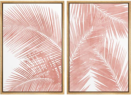 Tropical Palm Leaf Framed Canvas Wall Art Set - 16x24 Inch 2-Piece Print