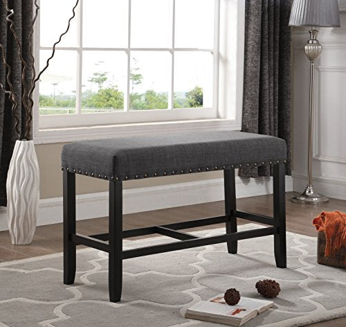 Upholstered Counter Height Dining Bench with Nailhead Trim, Grey