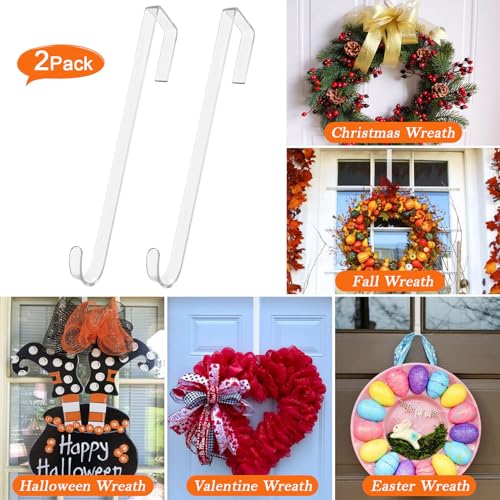 12-Inch Clear Over the Door Wreath Hangers (2 Pack) - Non-Scratch Door Hooks