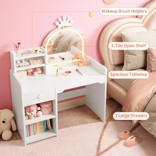 4-Piece Kids Vanity Set with Lighted Mirror, Chair, and Storage Cabinet