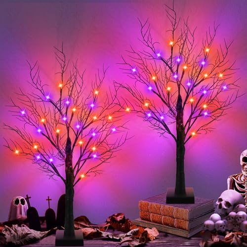 Halloween Tabletop Trees - 2 Pack 24 Inch with Orange & Purple Lights