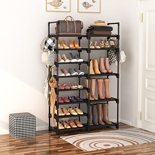 8-Tier Metal Shoe Rack Organizer, Stackable Storage Shelf with 15 Hooks