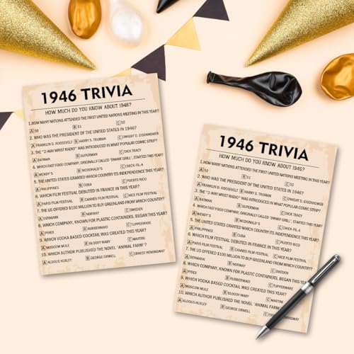 80th Birthday Trivia Game Cards, 1946 Party Activity, 30 Pack