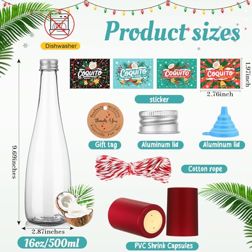 Baderke 12 Set 16oz Christmas Coquito Bottles with Red Caps & Accessories