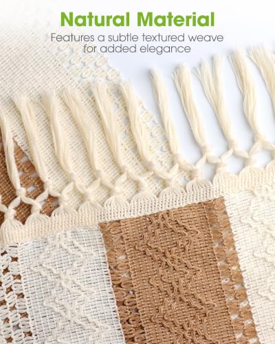 Boho Table Runner 12 x 72 Inch, Farmhouse Linen Textured Runner with Tassels