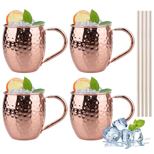 TJ Moscow Mule Mugs Rose Hammered Set of 4, 17 oz Copper Cup w/ GoldenHandle