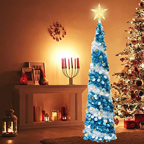 Vinelftage Blue Pop-Up Artificial Christmas Tree 5ft with 100 LED Lights & Star Topper