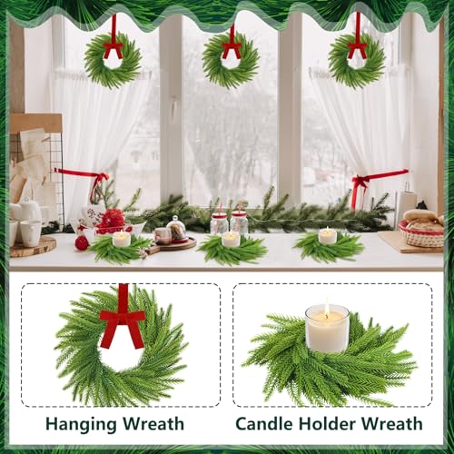 6-Piece Mini Christmas Norfolk Pine Wreaths with Bows, 7.9-Inch Candle Rings