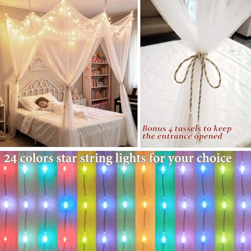 White 8-Corner Bed Canopy with 24-Color Star String Lights & Remote