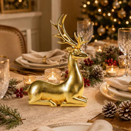 Ferrisland Gold Sitting Reindeer Figurine 14.96in Resin Christmas Decor