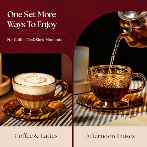 Golden Amber Vintage Glass Tea Cup & Saucer Set 12oz Octagonal Design – Elegant Coffee & Tea Mug