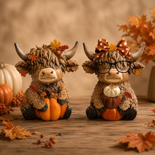 2 Pcs Highland Cow Figurines, Rustic Resin Autumn Tabletop Decor