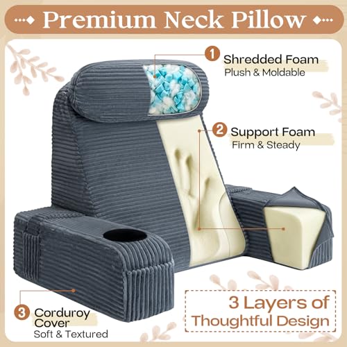 Adjustable Backrest Pillow with Cup Holder & Phone Pocket
