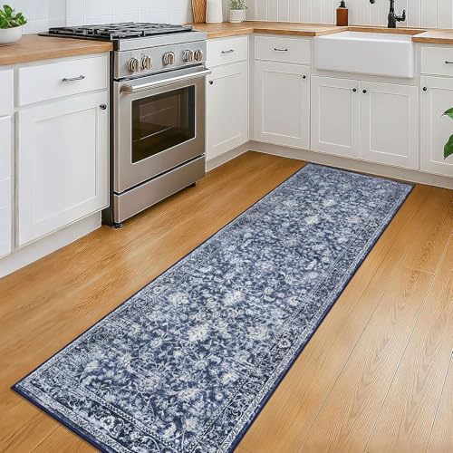 2x6 Floral Washable Runner Rug, Non-Slip Navy Blue Kitchen Hallway Carpet