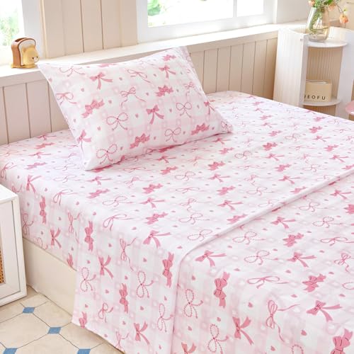 Twin Sheet Set Kids 3-Piece Pink Check Microfiber Bedding with Deep Pocket