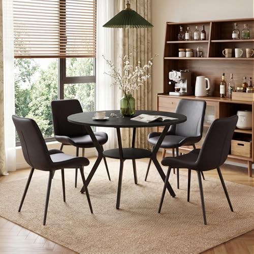 5-Piece Round Dining Table Set for 4 with Storage Shelf and Upholstered Chairs