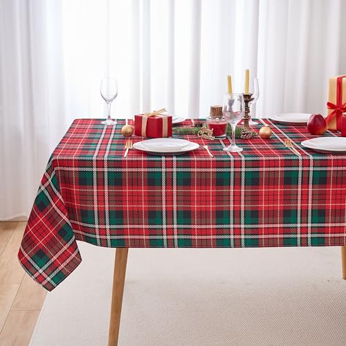 VEDACHIC Christmas 52x70 Inch Tablecloth Rectangular Red Green Plaid Polyester Waterproof