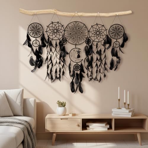 5-Pack Black Macrame Dream Catcher Set, Boho Wall Hanging Decor