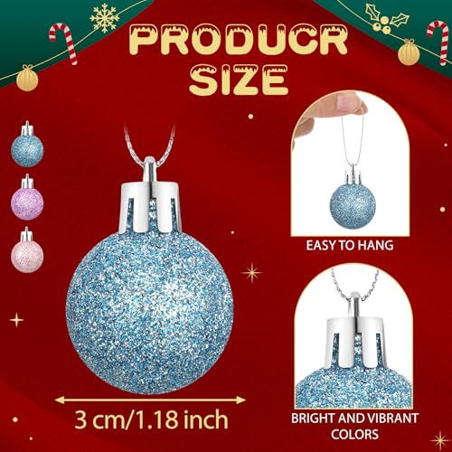 Mini Glitter Christmas Balls 72 Pcs Light Pink Blue Purple 1.18" - Holiday Tree Decorations