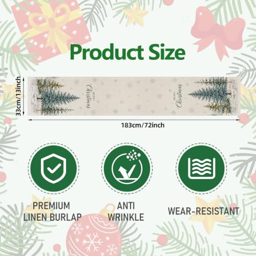 Pedenty 72 x 13 Inch Christmas Table Runner – Watercolor Snowy Pine Tree Design