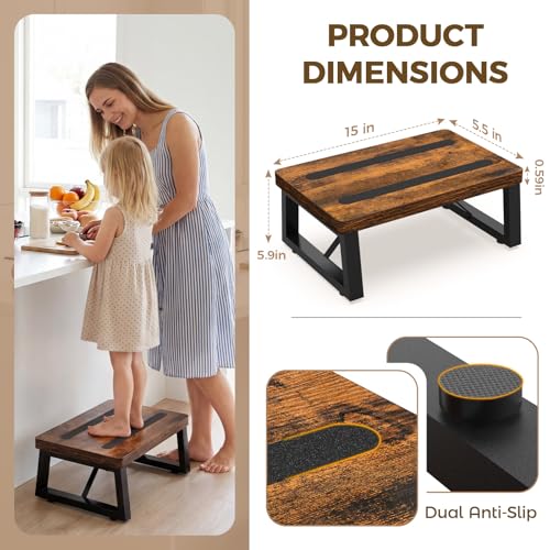 One Step Stool for Adults and Toddlers, Non-Slip Wooden Kitchen Foot Stool
