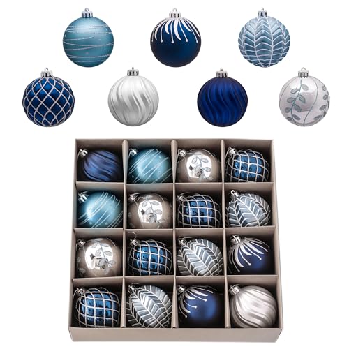 Valery Madelyn Large Winter Silver Blue Christmas Tree Ornaments 16pcs 3.15 Inch