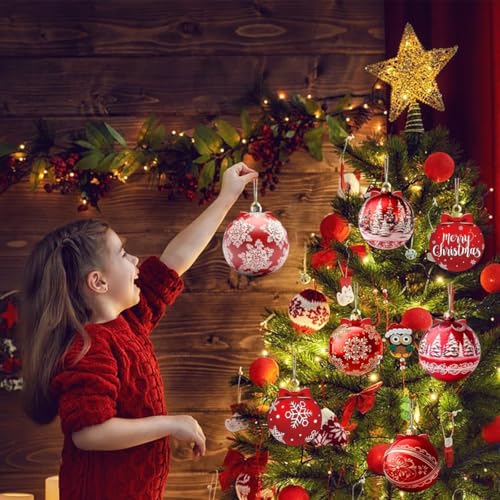 Mkwntg 12Pcs Christmas Wooden Ornaments Set - Red Gift Ball Snowflake Santa Decorations for Holiday Tree & Party