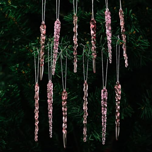 Pink Christmas Icicle Ornaments 24pcs - Shatterproof Acrylic Tree Decorations