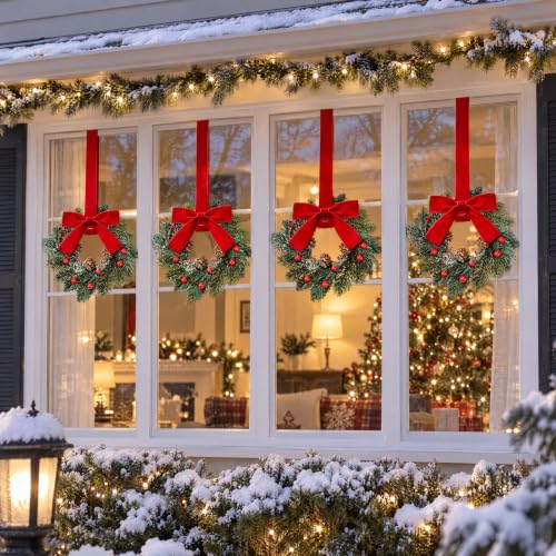Knitgrip 4 Pcs Mini Christmas Wreaths with Red Bows & Pine Cones for Cabinets, Indoor Decor