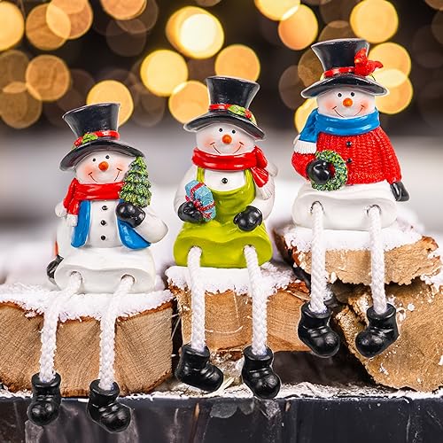 Snowman Christmas Figurines Set of 3 Resin Holiday Decorations with Dangling Legs