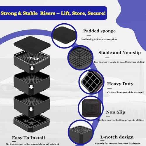 Heavy Duty Bed Risers 1.5-4.3 Inch Adjustable Furniture Lifts 6 Pack