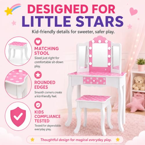 Polka Dot Kids Vanity Set with LED Mirror, Stool and Drawer - Pink