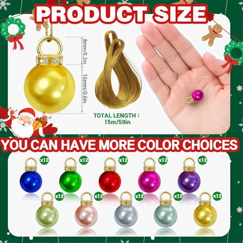 Guuozzli 120Pcs 10 Colors 0.6in Mini Christmas Ball Ornaments with Gold String - Imitation Pearl Pendants