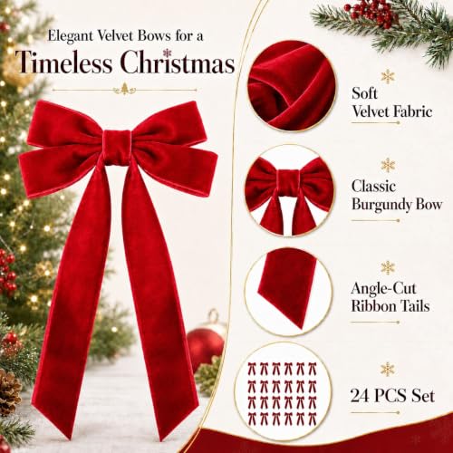 Red Velvet Christmas Bow Set — 24 Pack, 5.1 x 10.2 in, Pre-Tied