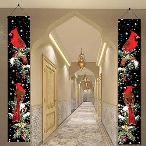 Christmas Cardinal Porch Banner Set 71x12 Inch Winter Holiday Door Decor with Holly & Snow Scene - Saoplasa