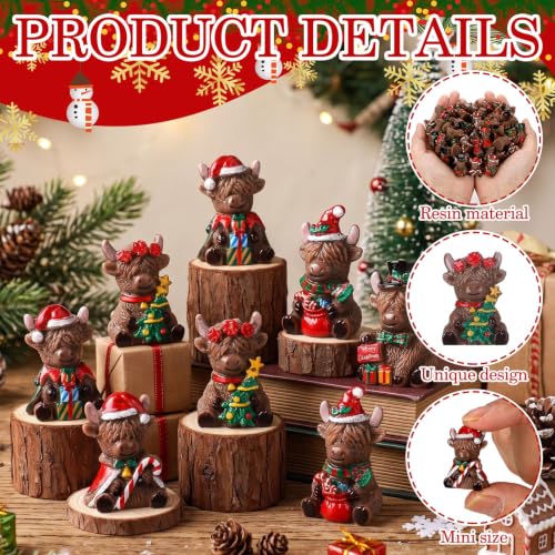 Yaomiao 60 Pcs Christmas Mini Resin Highland Cow Figurines - Holiday Decor Set