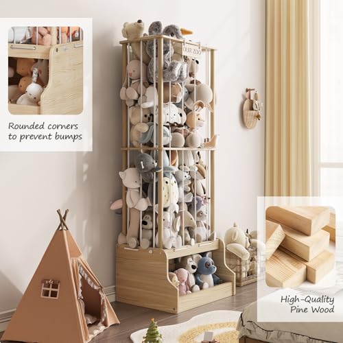Stuffed Animal Zoo Storage Organizer with Toy Chest - Solid Pine Wood