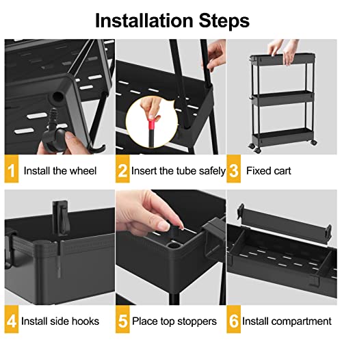 Slim Storage Cart 4-Tier Rolling Utility Organizer for Narrow Spaces, Black