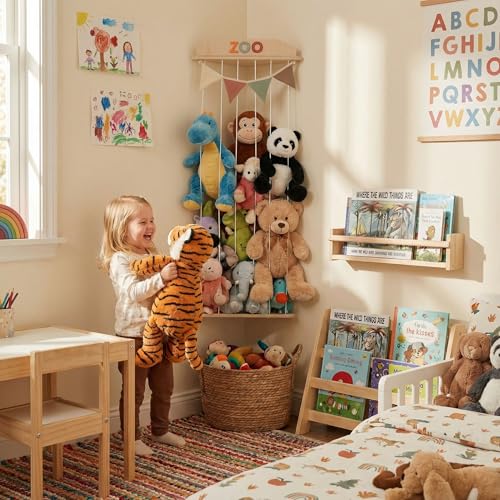 Corner Stuffed Animal Storage Zoo with Wooden Shelves and Hanging Garland