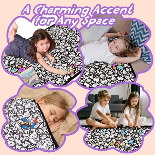 DIY Coloring Blanket - 50x60 Inch Washable Velvet Throw with 24 Markers
