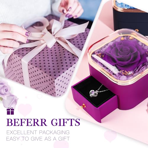 Preserved Real Purple Rose with Heart Necklace Jewelry Box Gift Set