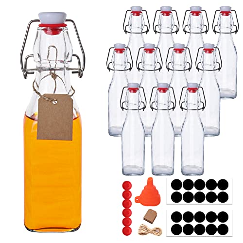 12 Pack 8.5oz Swing Top Glass Bottles, 250ML Square Bottles with Airtight Stoppers for Kombucha and Home Brewing