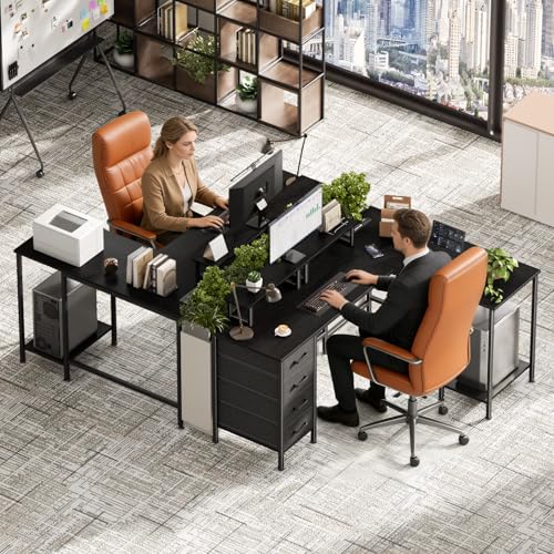 59-Inch L-Shaped Computer Desk with Power Outlets, Storage Drawers & Stands